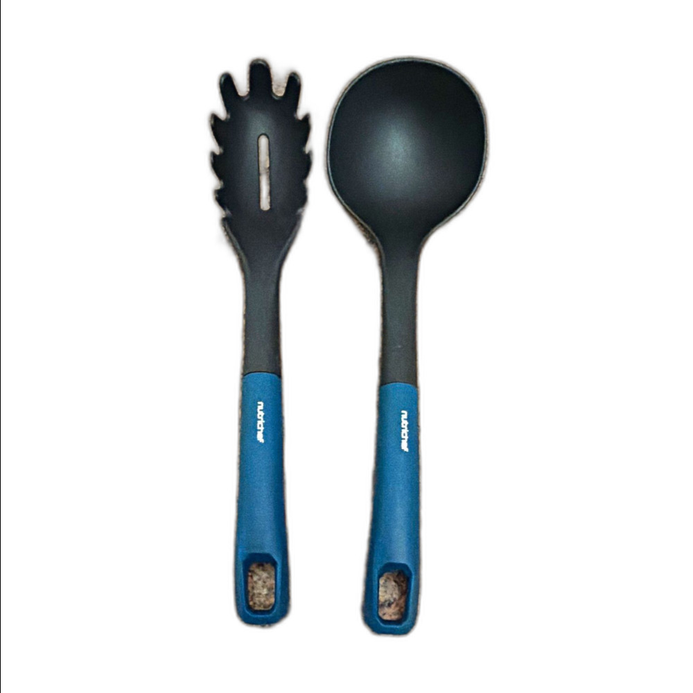 NutriChef 2-Piece Cooking Utensil Set Pasta Server & Ladle Black/Blue